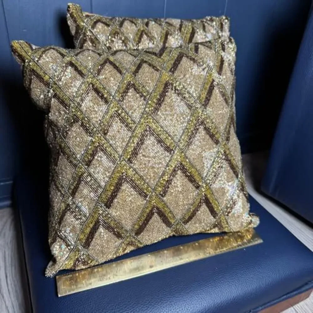 Set of 2 Pier 1 Gold Beaded Accent Throw Pillows 12x12 Geometric Diamond